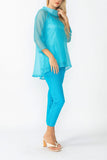 Turquoise Cowl Neck 3/4 Sleeve See-Through Fabric Top