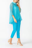 Turquoise Cowl Neck 3/4 Sleeve See-Through Fabric Top