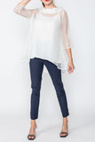 White Cowl Neck 3/4 Sleeve See-Through Fabric Top