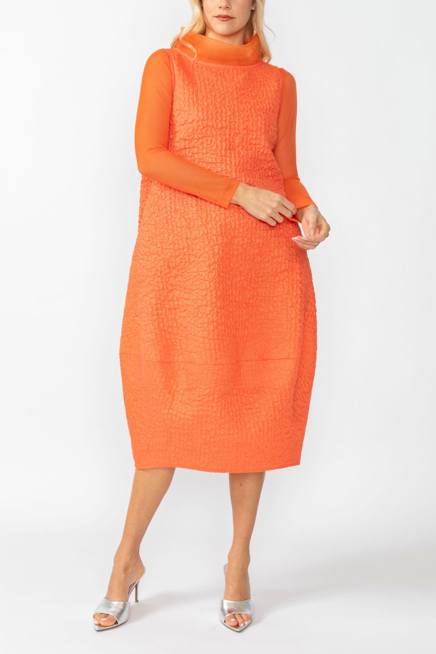 Plus Size Coral Organza Stand Collar Sleeveless Balloon Dress Coral / 1XL Plus Size Coral Organza Stand Collar Sleeveless Balloon Dress Coral / 1XL