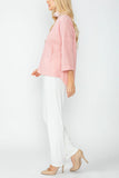 Pink Organza Stand Collar Back Pleats Button Detail Top