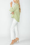 Sage Organza Stand Collar Back Pleats Button Detail Top