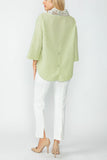 Sage Organza Stand Collar Back Pleats Button Detail Top