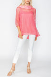 Cowl Neck 3/4 Sleeve See-Through Fabric Top