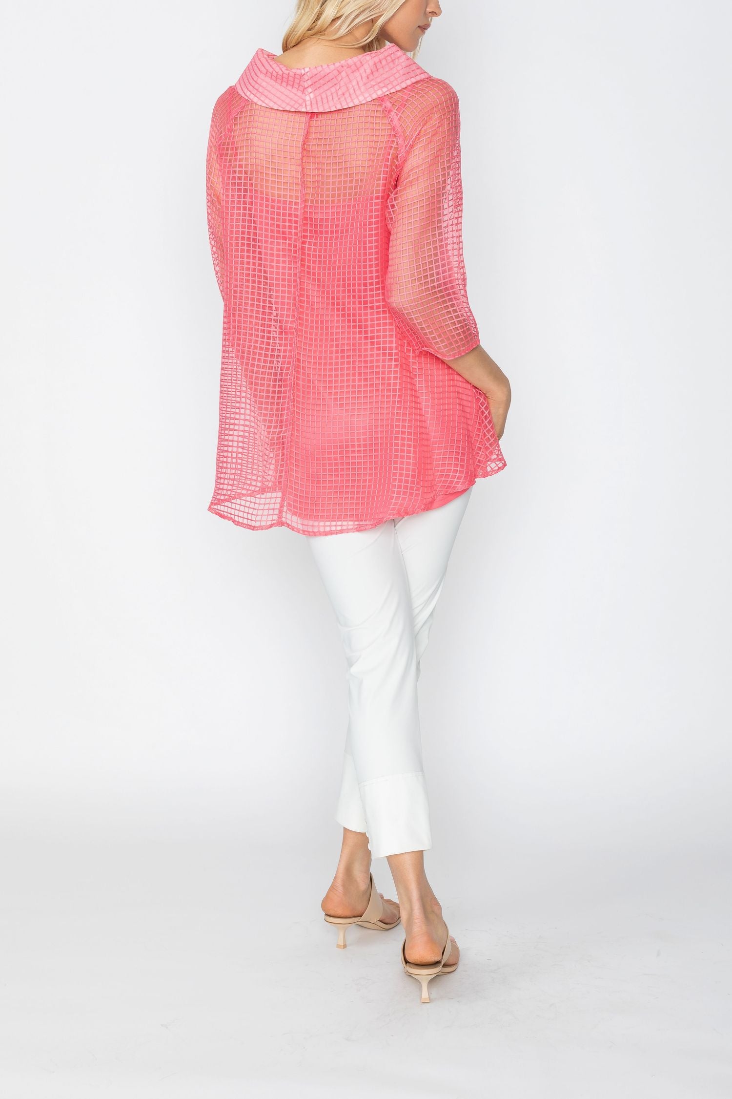 Cowl Neck 3/4 Sleeve See-Through Fabric Top