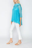 Cowl Neck 3/4 Sleeve See-Through Fabric Top