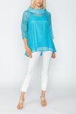 Cowl Neck 3/4 Sleeve See-Through Fabric Top