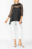 Black Cowl Neck 3/4 Sleeve See-Through Fabric Top