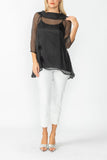 Black Cowl Neck 3/4 Sleeve See-Through Fabric Top