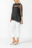 Black Cowl Neck 3/4 Sleeve See-Through Fabric Top