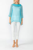 Turquoise Cowl Neck 3/4 Sleeve See-Through Fabric Top