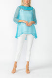 Turquoise Cowl Neck 3/4 Sleeve See-Through Fabric Top