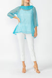 Turquoise Cowl Neck 3/4 Sleeve See-Through Fabric Top