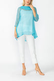 Turquoise Cowl Neck 3/4 Sleeve See-Through Fabric Top