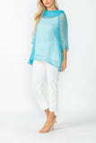 Turquoise Cowl Neck 3/4 Sleeve See-Through Fabric Top