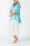 Turquoise Cowl Neck 3/4 Sleeve See-Through Fabric Top