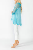 Turquoise Cowl Neck 3/4 Sleeve See-Through Fabric Top