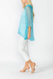 Turquoise Cowl Neck 3/4 Sleeve See-Through Fabric Top