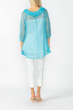 Turquoise Cowl Neck 3/4 Sleeve See-Through Fabric Top