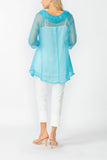 Turquoise Cowl Neck 3/4 Sleeve See-Through Fabric Top