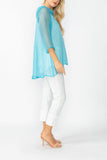 Turquoise Cowl Neck 3/4 Sleeve See-Through Fabric Top