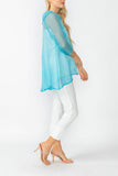 Turquoise Cowl Neck 3/4 Sleeve See-Through Fabric Top