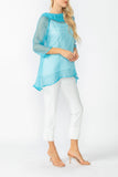 Turquoise Cowl Neck 3/4 Sleeve See-Through Fabric Top