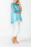 Turquoise Cowl Neck 3/4 Sleeve See-Through Fabric Top