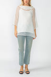 White Cowl Neck 3/4 Sleeve See-Through Fabric Top