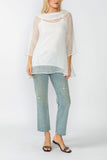 White Cowl Neck 3/4 Sleeve See-Through Fabric Top