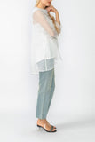 White Cowl Neck 3/4 Sleeve See-Through Fabric Top