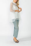 White Cowl Neck 3/4 Sleeve See-Through Fabric Top