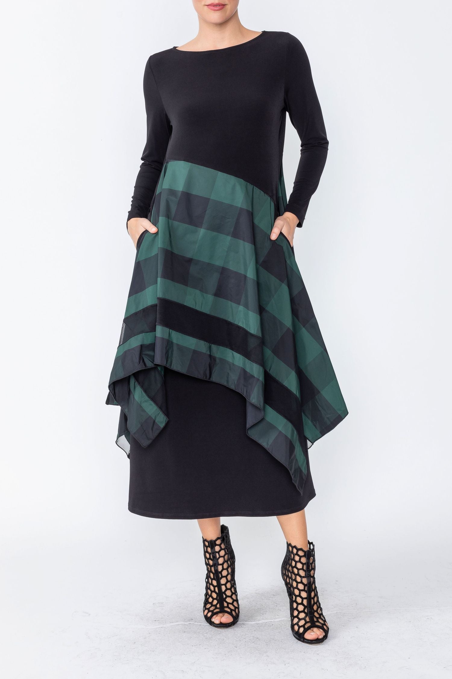 Hunter Green Boat Neck Asymmetrical Layer Mix Dress Hunter Green / Large Hunter Green Boat Neck Asymmetrical Layer Mix Dress Hunter Green / Large