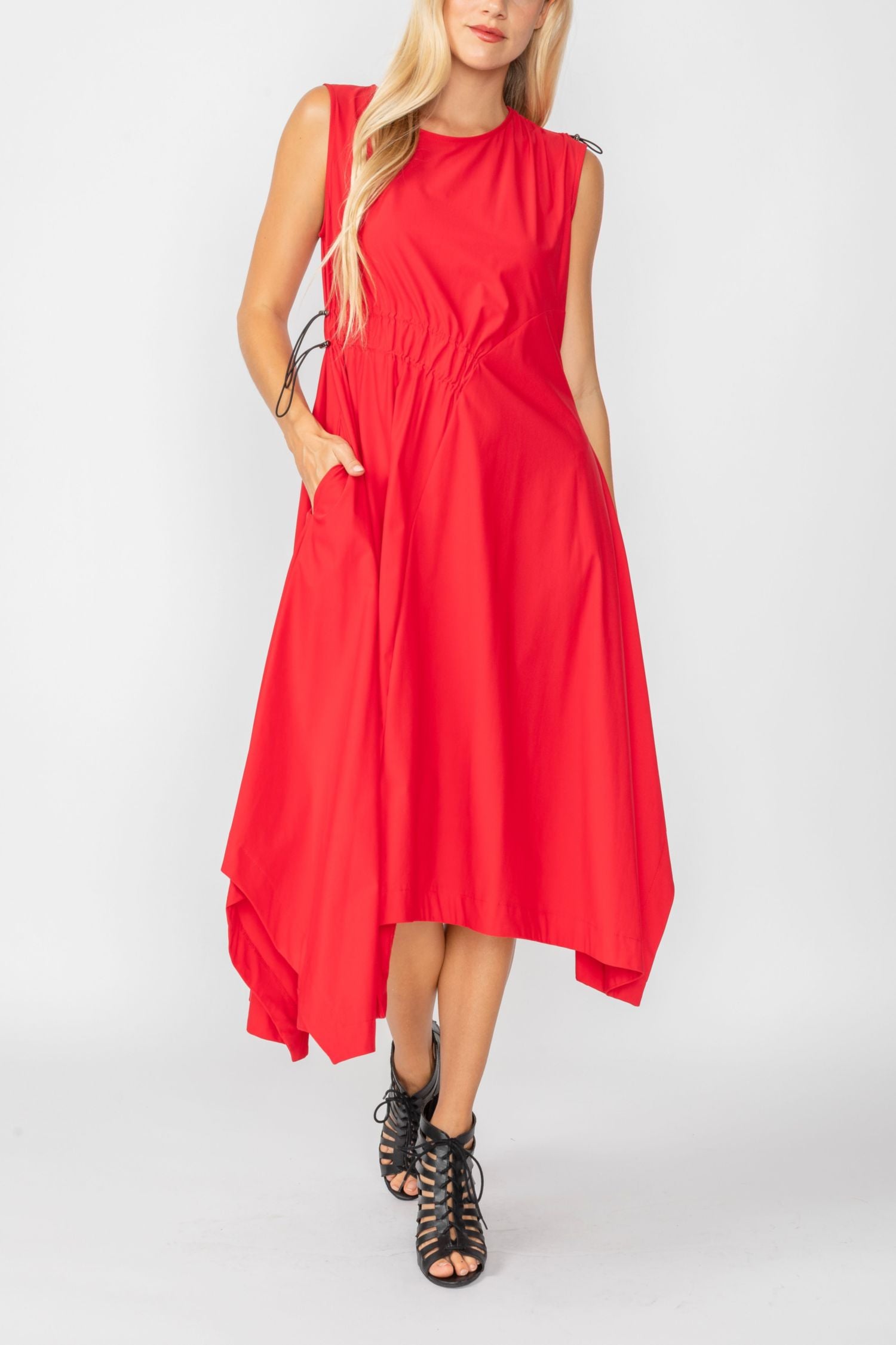 Red One Shoulder and Side Cord Drawstring Asymmetrical Dress Red / Large Red One Shoulder and Side Cord Drawstring Asymmetrical Dress Red / Large