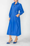 Blue Draw Stand Collar Side Drawed Shirring Long Jacket