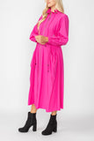 Pink Draw Stand Collar Side Drawed Shirring Long Jacket