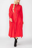 Red Draw Stand Collar Side Drawed Shirring Long Jacket