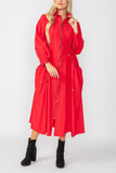 Red Draw Stand Collar Side Drawed Shirring Long Jacket