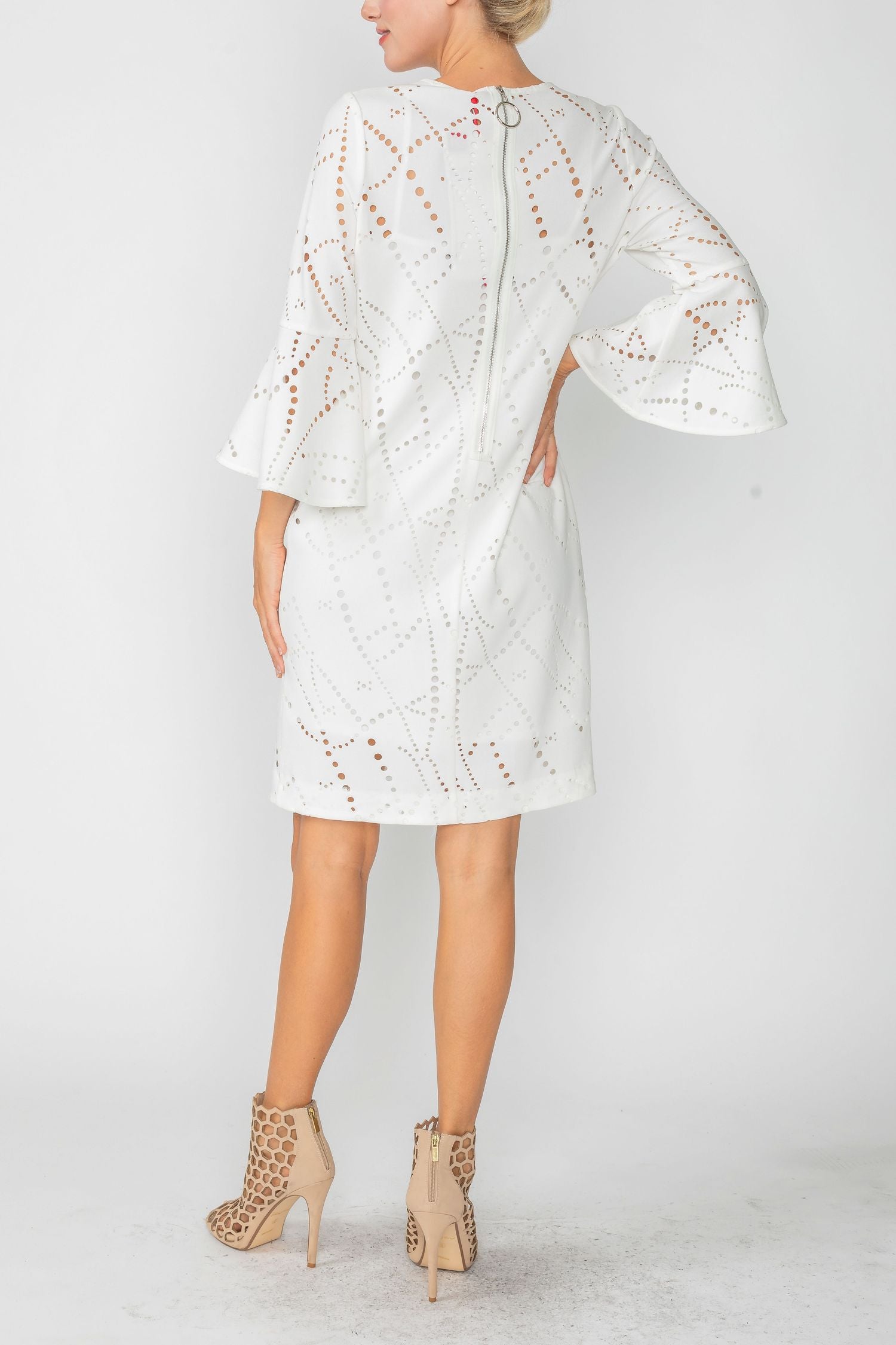 White Perforated Bell Sleeve Dress – IC Collection
