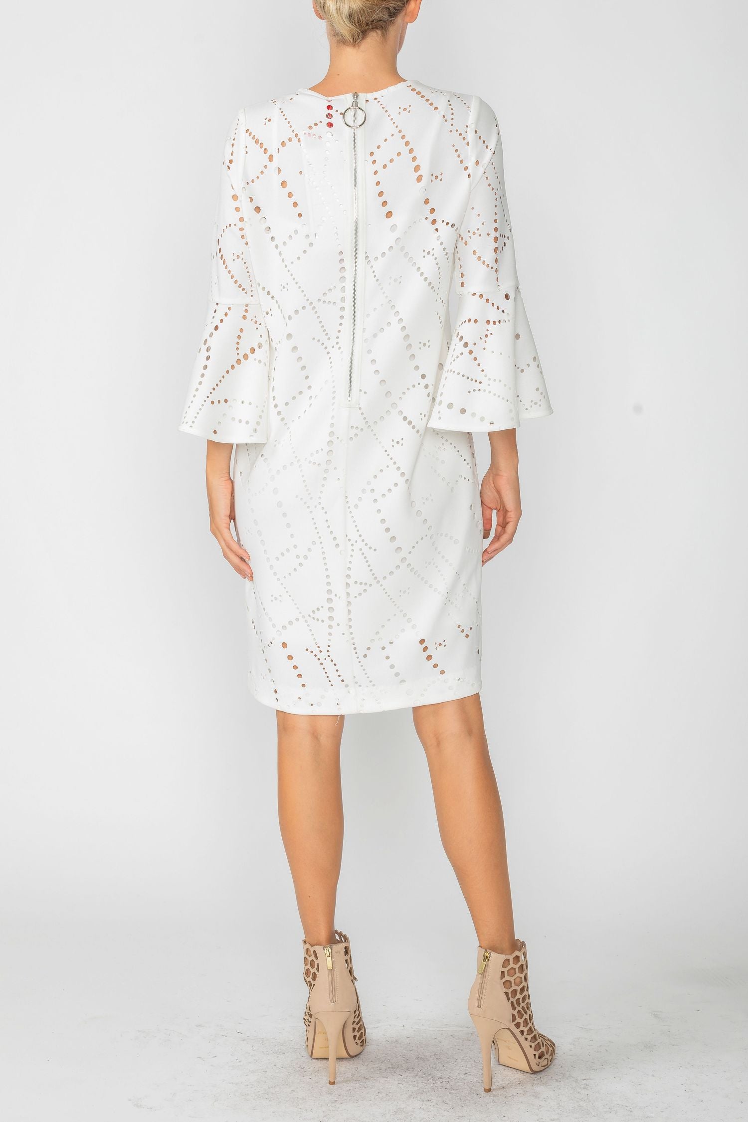 White Perforated Bell Sleeve Dress – IC Collection