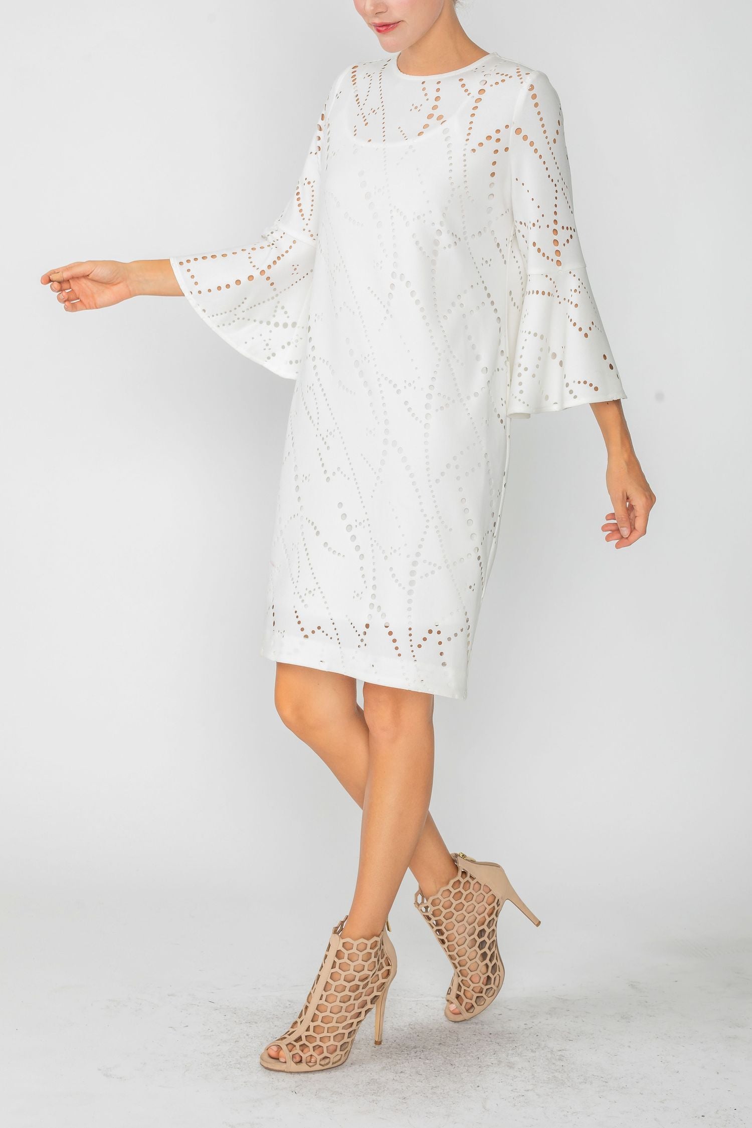 White Perforated Bell Sleeve Dress – IC Collection