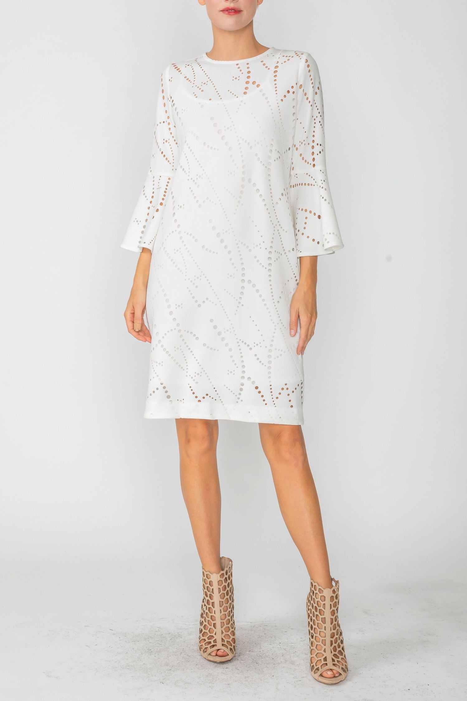 White Perforated Bell Sleeve Dress – IC Collection