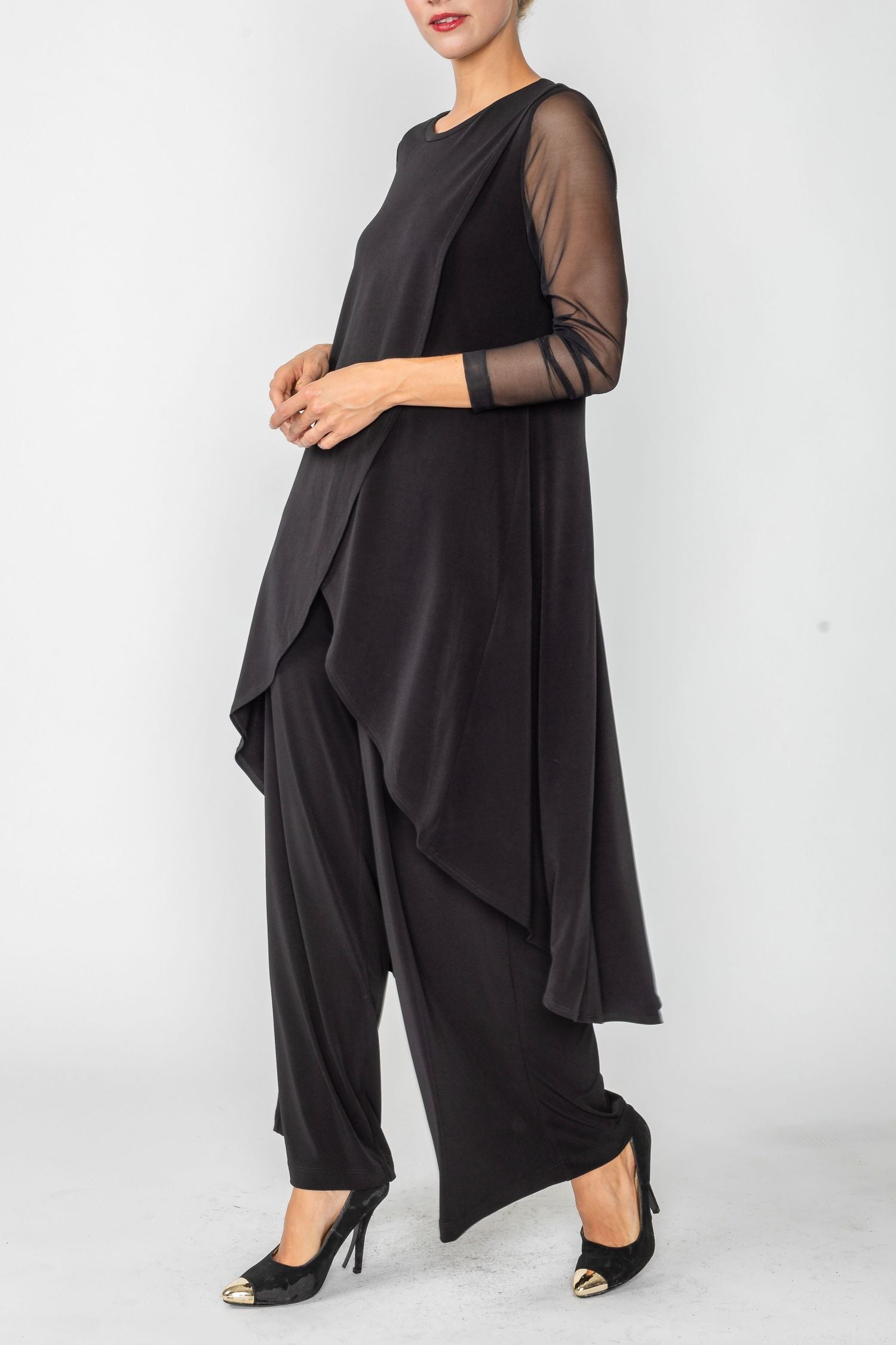 Unified Clothes Women's Black Georgette Kurti Dress – Floral, 3/4 See-Through Sleeves, Collar Neck