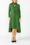 Hunter Green Stand Collar Front Ribbon Detail Asymmetrical Dress