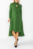 Hunter Green Stand Collar Front Ribbon Detail Asymmetrical Dress