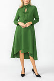 Hunter Green Stand Collar Front Ribbon Detail Asymmetrical Dress