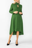 Hunter Green Stand Collar Front Ribbon Detail Asymmetrical Dress