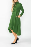 Hunter Green Stand Collar Front Ribbon Detail Asymmetrical Dress