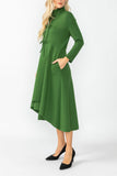 Hunter Green Stand Collar Front Ribbon Detail Asymmetrical Dress