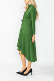 Hunter Green Stand Collar Front Ribbon Detail Asymmetrical Dress